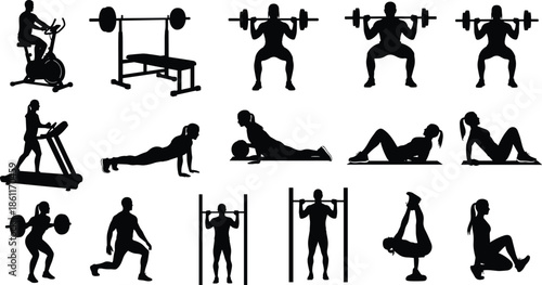 Silhouettes of men and women performing gym exercises with equipment including treadmill, bike, squats, push‑ups, lunges, planks, and weightlifting routines