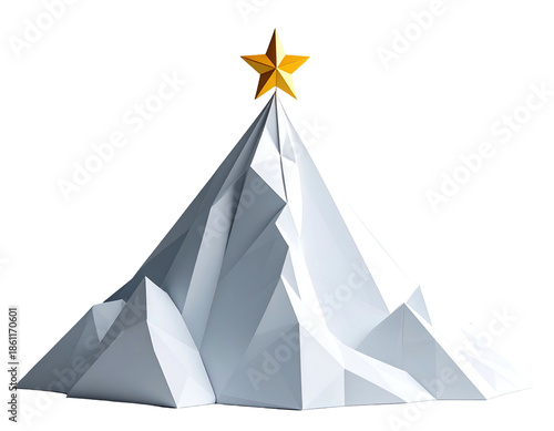 Geometric mountain peak topped with a shining gold star against dark background