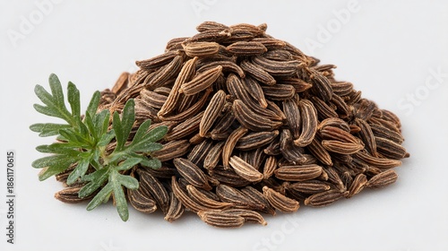 Close-up of caraway seeds with a sprig of fresh green leaves creating a vibrant and healthy display