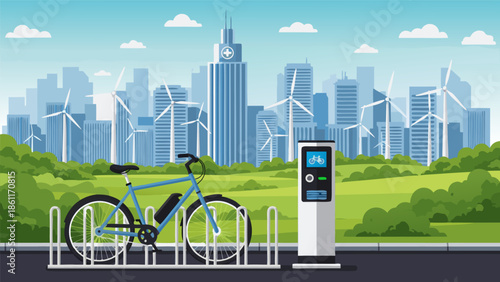 Green city electric bicycle charging station vector illustration featuring a modern metropolis with wind turbines and lush greenery