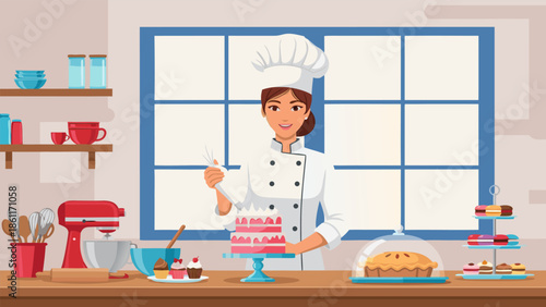 Vector illustration of a female baker decorating a cake in a kitchen, showcasing baking and pastry artistry
