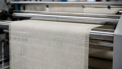 Medium shot of light woven fabric smoothly unwinding under precision rollers showcasing delicate textile flow and consistent tension control in an industrial setting.