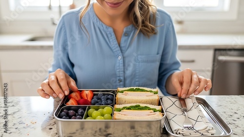 Woman preparing healthy lunch in kitchen.