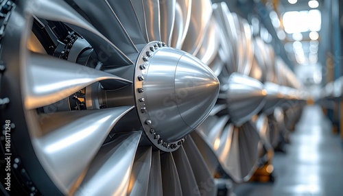 Close up of a gleaming metallic jet engine turbine fan with intricate blades