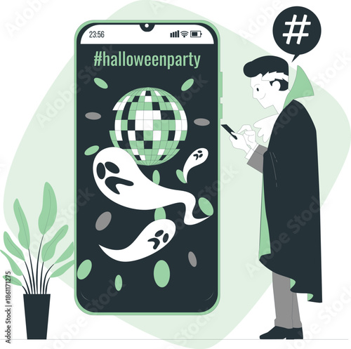 A man in a cape stands next to a phone with a Halloween party invitation on the screen
