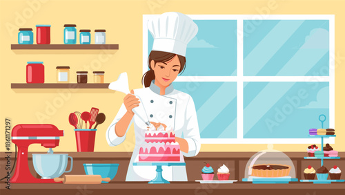 Beautiful Vector Illustration of a Baker Decorating a Delicious Cake in a Professional Kitchen