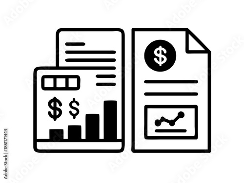 Black and White Finance Report Icons for Budget and Expense