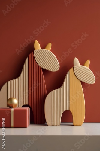 Two modern wooden horse figurines with striped textures, representing the chinese zodiac, beside a red gift box