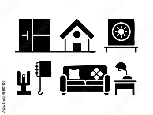 Black and White Home Icons for House Room and Furniture