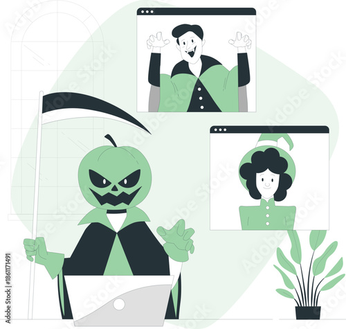A green apple character in a black jacket threatening colleagues in a video call with a scythe