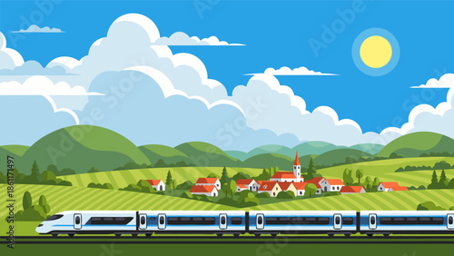 Modern High-Speed Train Traveling Through Scenic Countryside Landscape, Vibrant Vector Illustration