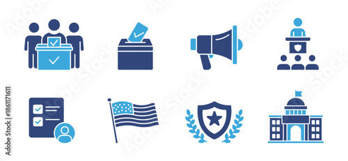 Election and Government Icons Set, Voting Ballot and Political Agreement Symbols, Democracy and Public Administration Concept, Vector Illustration