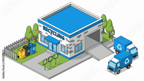 Modern Recycling Center Isometric Vector Illustration with Trucks and Bins