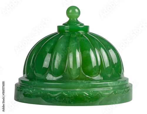 Green carved stone domed lidded vessel with a stylized finial