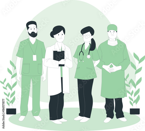 Medical professionals in green scrubs standing together in a serene environment surrounded by plants