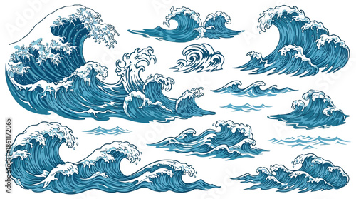 Stylized Ocean Waves Set in Various Shapes and Sizes, Abstract Sea Water Illustration for Marine, Surf and Coastal Design