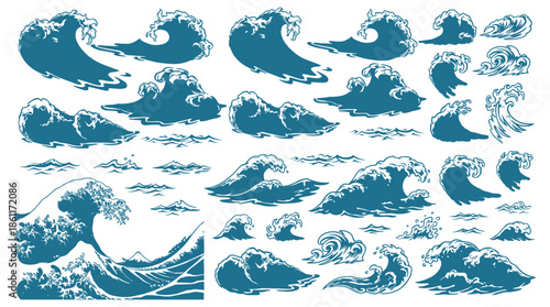 Stylized Ocean Waves Set in Various Shapes and Sizes, Abstract Sea Water Illustration for Marine, Surf and Coastal Design