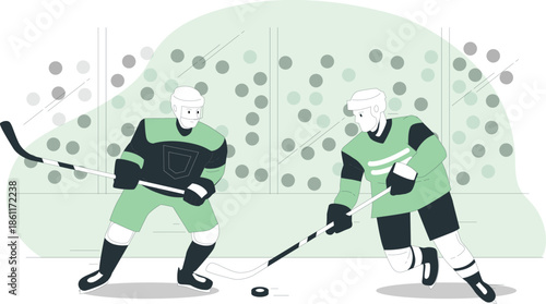 Two hockey players facing each other on the ice rink during a competitive game