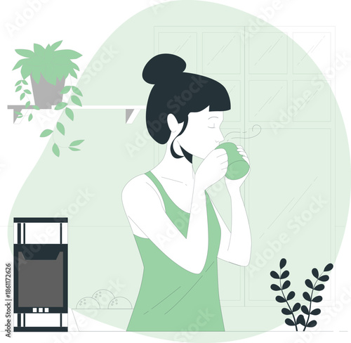 A woman enjoying a refreshing drink in a serene indoor setting with plants