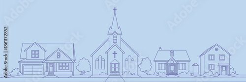 Suburban Neighborhood Landscape with Countryside Cottage Homes and Church Near the Road, Vector Cityscape of Houses, Street Buildings and Real Estate Architecture