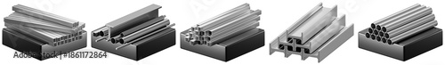 realistic 3d render showing diverse metal profiles including i-beams, tubes, and bars, essential for construction and industrial applications.