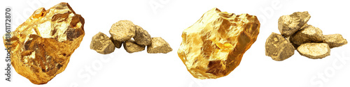 close-up realistic photograph of several raw natural gold nuggets and clusters, symbolizing wealth, prosperity, and precious metals.