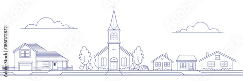 Suburban Neighborhood Landscape with Countryside Cottage Homes and Church Near the Road, Vector Cityscape of Houses, Street Buildings and Real Estate Architecture