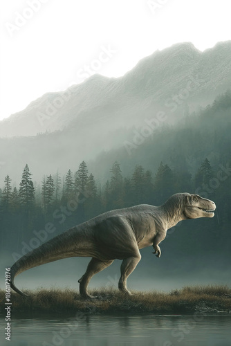 Carcharodontosaurus roams a primeval landscape with mountains and lakes