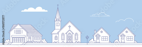 Suburban Neighborhood Landscape with Countryside Cottage Homes and Church Near the Road, Vector Cityscape of Houses, Street Buildings and Real Estate Architecture