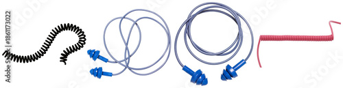 diverse collection of coiled and wavy rubber cords, including earplug cords and spiral cables, isolated on a transparent background.