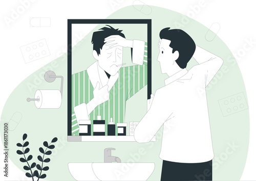 A man stands in front of a bathroom mirror adjusting his hair