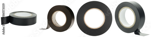 collection of black electrical insulation tape rolls, commonly used for wiring and various household repairs, studio shot.