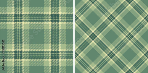 Elegant plaid patterns in soft green hues. Two textile designs one classic grid, one diagonal. Ideal for backgrounds, fabric, or rustic designs. Versatile  timeless.