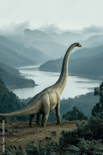 Nigersaurus explores a lush landscape near tranquil lakes and towering mountains
