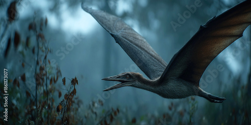 Pterodactyl soaring above primeval forest mountains in a misty landscape