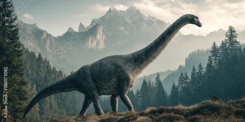 Qantassaurus roams through prehistoric landscapes of forests and mountains in ancient times