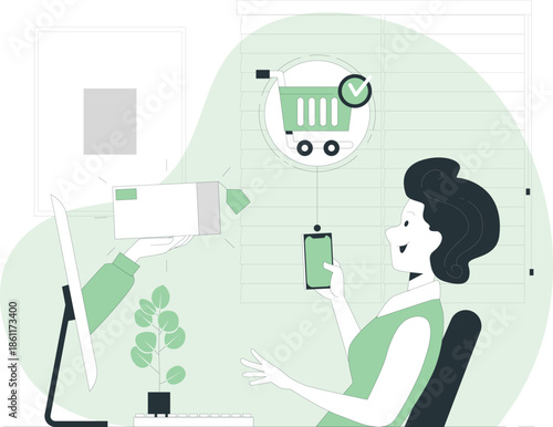 Woman working on computer and holding a mobile phone in a modern workspace with shopping cart icon displayed