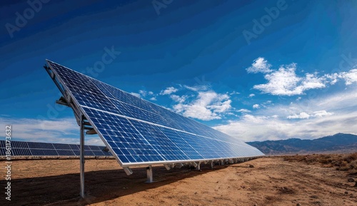 Large array of photovoltaic panels angled towards a bright sunny sky on arid land