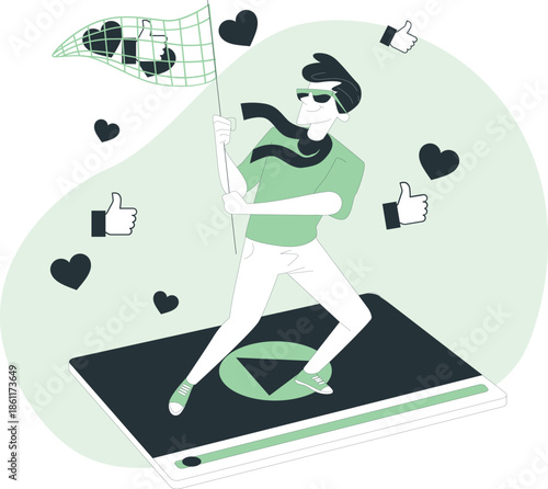 A woman enthusiastically promoting social media interaction on a smartphone screen displaying likes and hearts