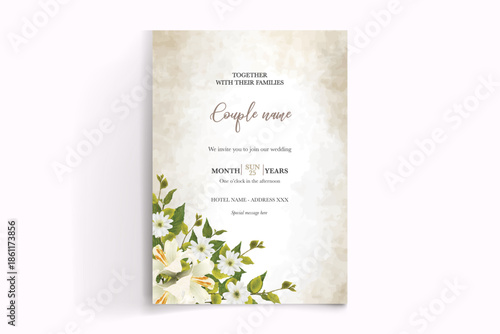 WEDDING INVITATION FRAME WITH FLOWER DECORATIONS AND FRESH LEAVES