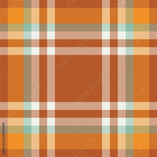 1960s tartan fabric texture, dye background pattern plaid. Expensive vector check textile seamless in orange and white colors.