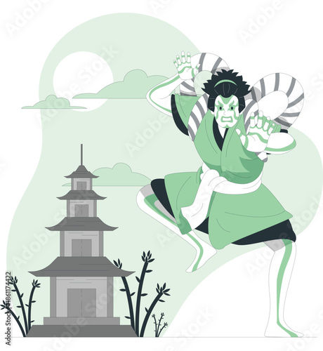 Martial artist in green kimono performs dynamic stance near serene pagoda at dusk