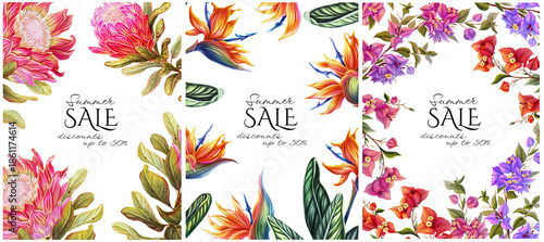Fotografija Set of 3 tropical frames with bougainvillea, strelitzia, and protea flowers