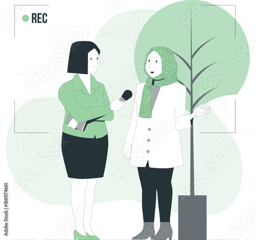Woman interviewing another woman next to a tree illustration