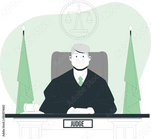 Judge sitting at desk with flags and scales of justice in the background