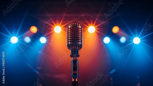 Vintage Microphone on Stage with Colorful Spotlights