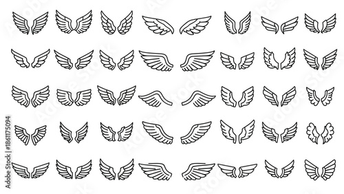 Collection of various black and white wing graphics on a plain white background.