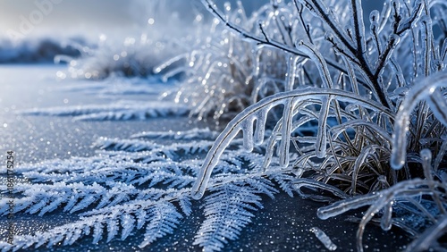 Glistening ice encasement on blades of grass and delicate frost patterns covering the winter ground