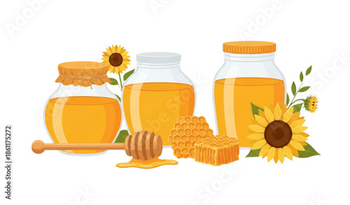 Natural honey products vector illustration with jars honeycomb sunflower and wooden spoon isolated on white background