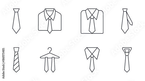 Business formal clothing icon set with shirt, tie, and hanger.